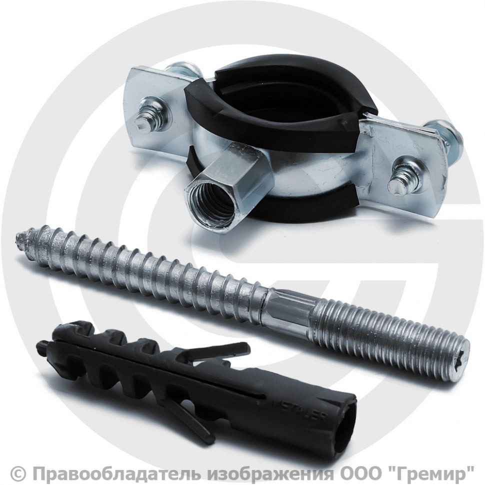 трубный хомут sc-rk-075 (с болтом m8 l=100мм). хомут с резиновым уплотнителем, шурупом и дюбелем (1/2) 20-23мм. хомут трубный 1/2" (20-24) (м8) с уплотнителем supler. 'хомут трубный оцинкованный, 2 1/2", 100шт, оцинкованный, зубр. хомут металлический с шурупом ф32.